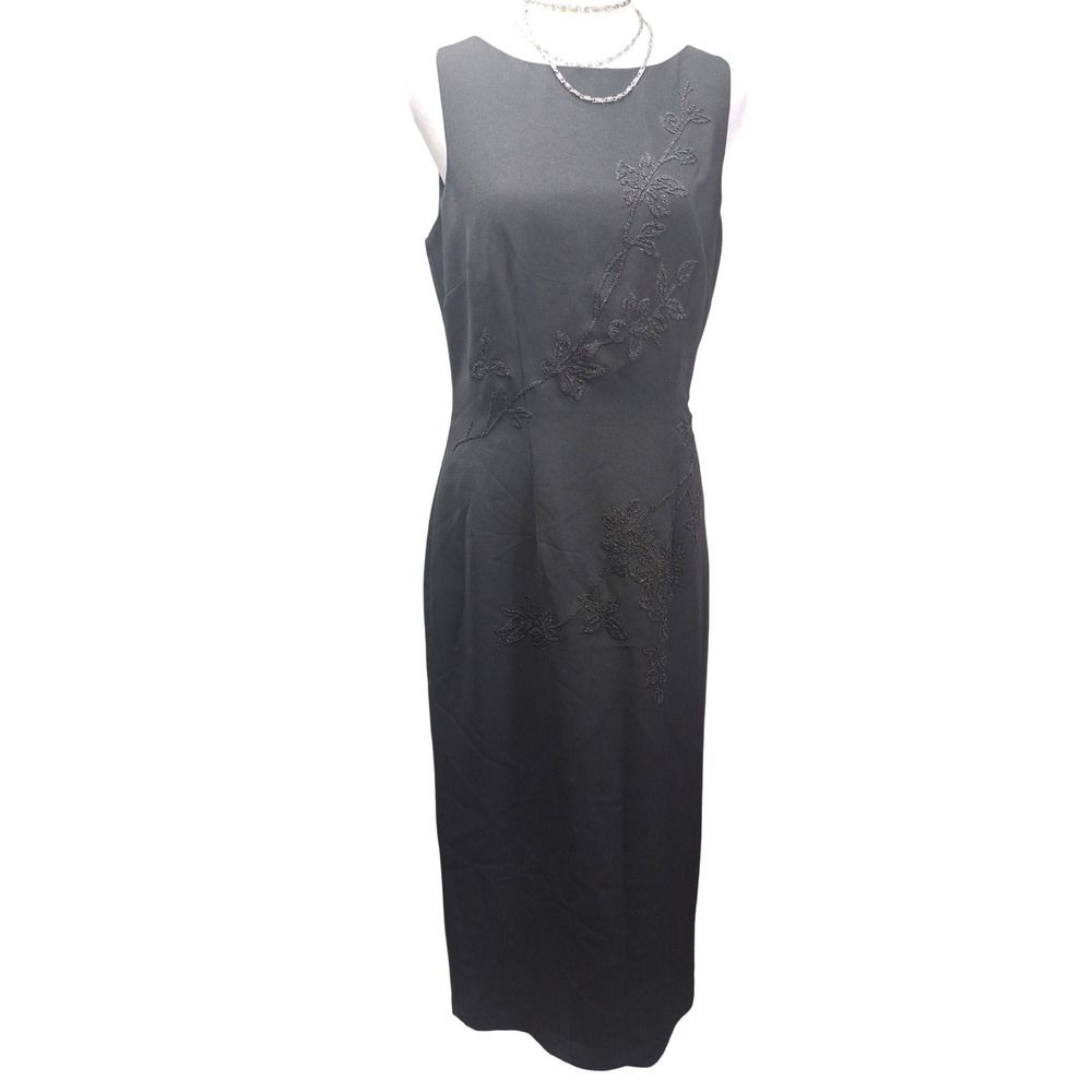 Vintage Black Beaded Floral Maxi Dress Sleeveless Column Gown Formal Size 8 10